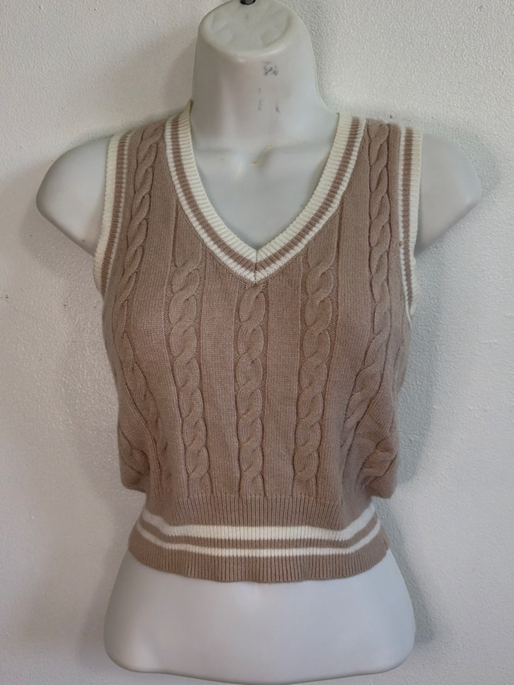 moon & madison Taupe Cable Knit V-Neck Sweater Vest with White Trim